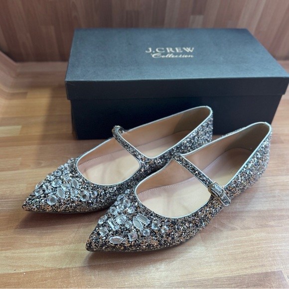 J. Crew Shoes - J.Crew Mary Jane flats embellished silver,bronze glitter & rhinestones size 8.5